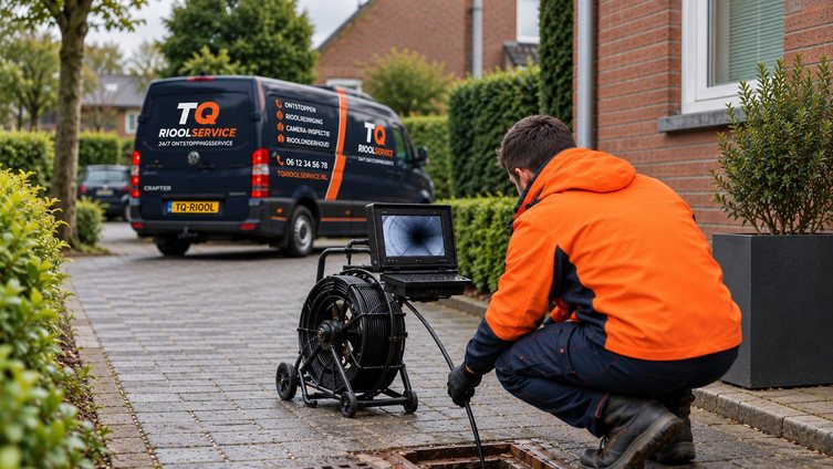 Monteur van TQ Rioolservice voert een camera-inspectie uit bij een rioolput op de oprit