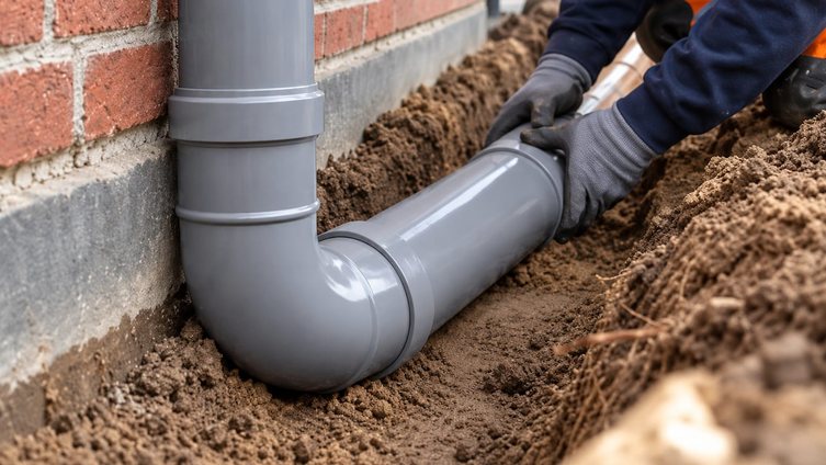 Monteur legt een nieuwe rioolbuis aan langs de gevel